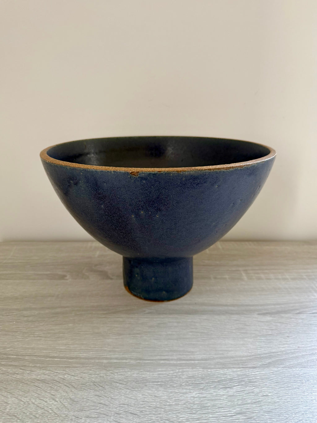 Studio Pottery: Large Blue Stoneware Pedestal Bowl