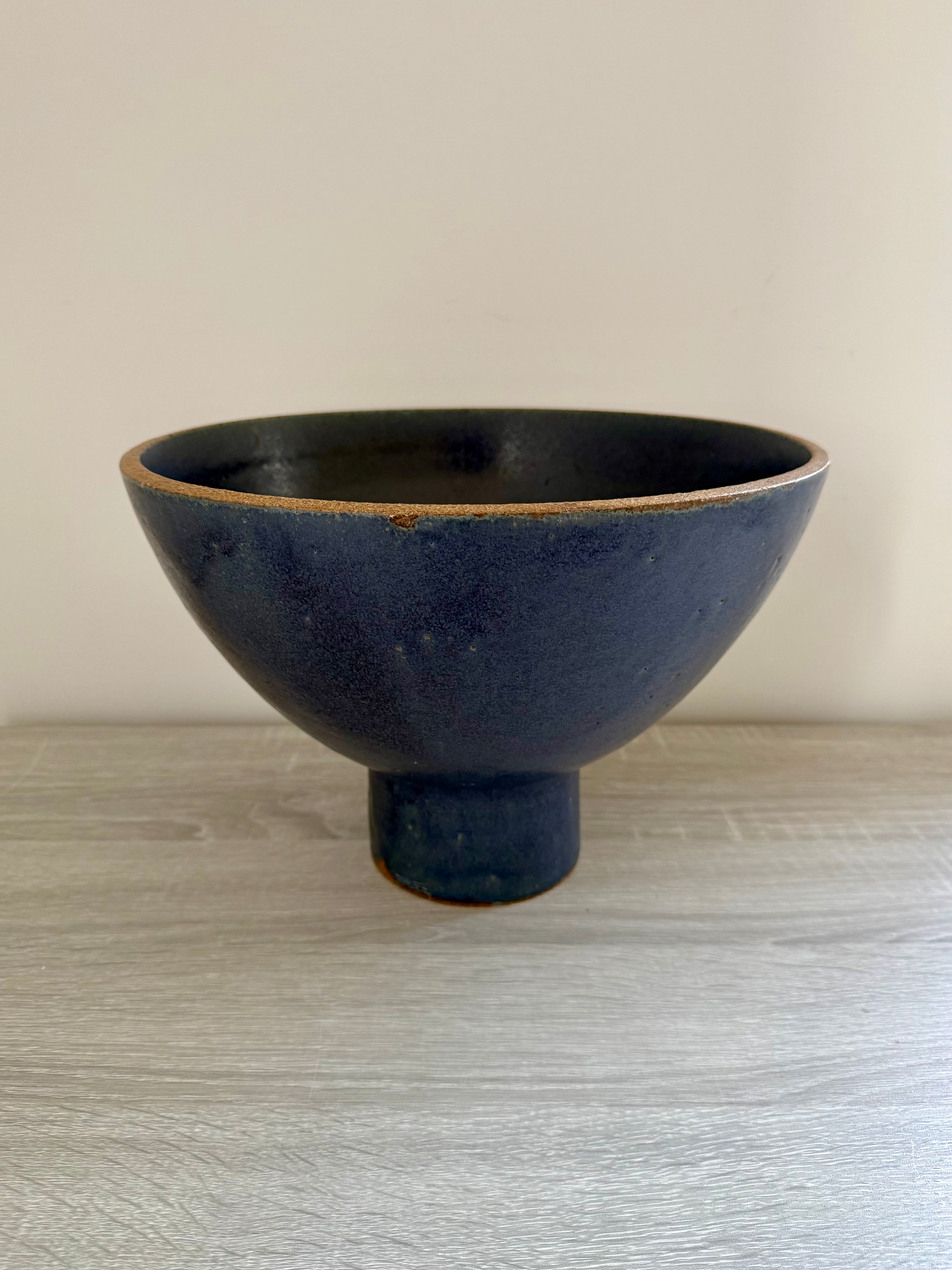 Studio Pottery: Large Blue Stoneware Pedestal Bowl