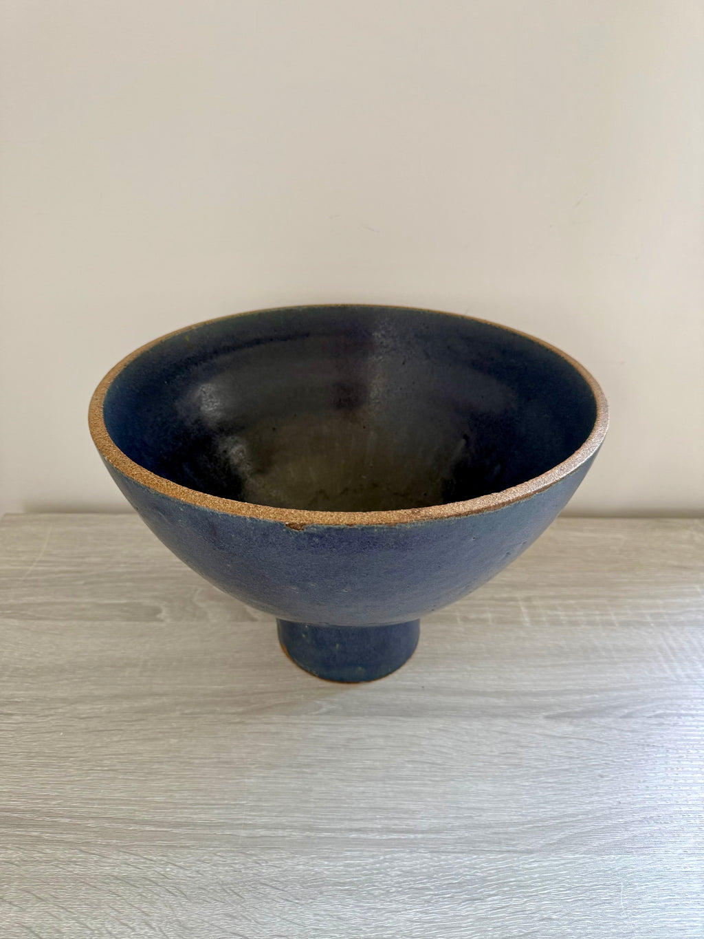 Studio Pottery: Large Blue Stoneware Pedestal Bowl