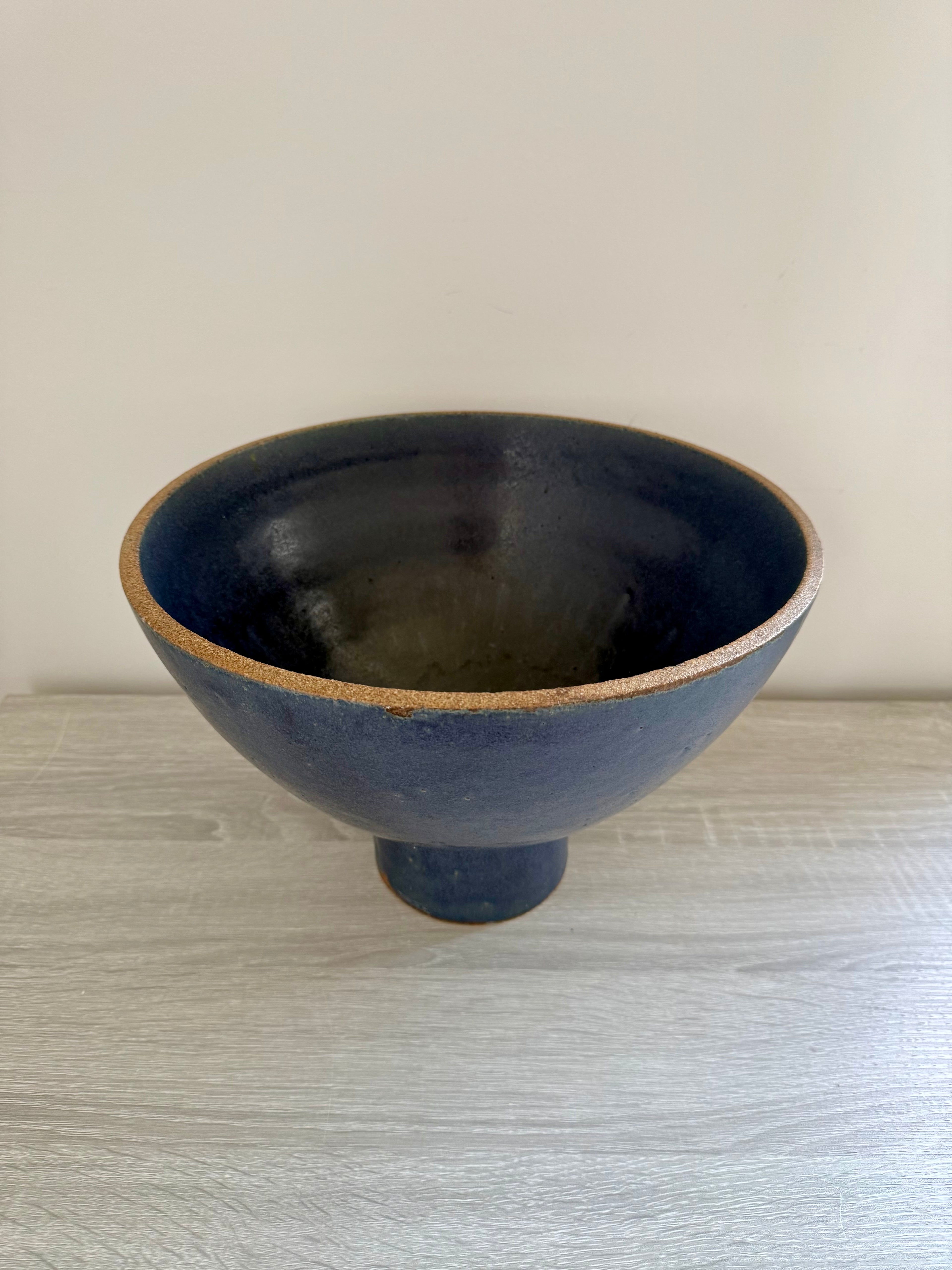 Studio Pottery: Large Blue Stoneware Pedestal Bowl