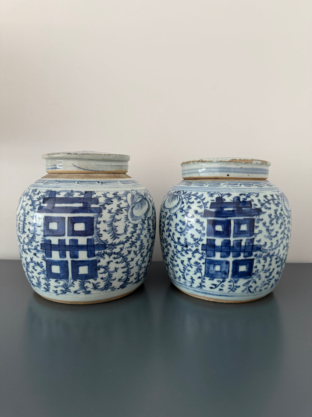 Chinese Happiness Jars, Blue & White Porcelain (Pair)