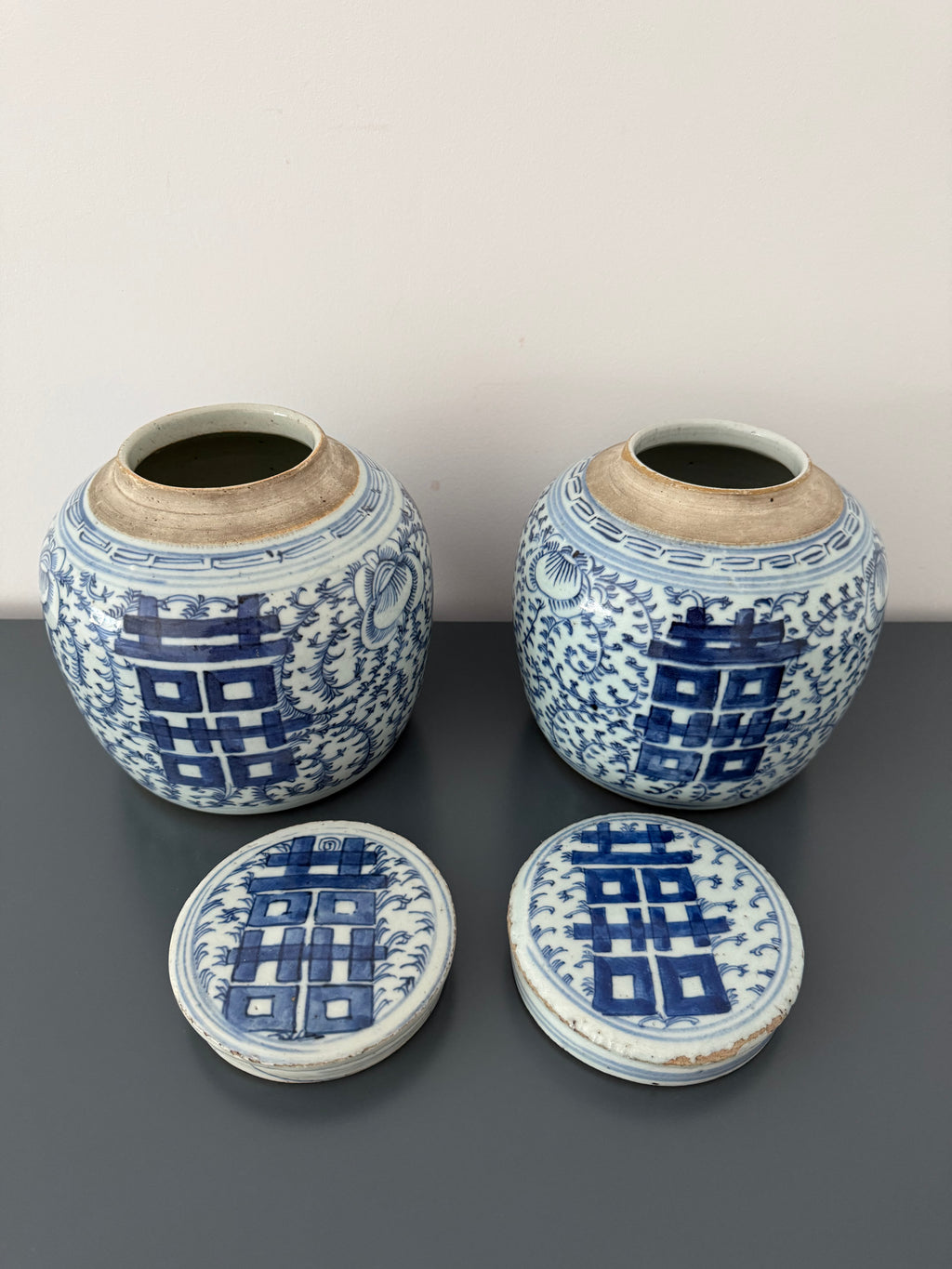 Chinese Happiness Jars, Blue & White Porcelain (Pair)